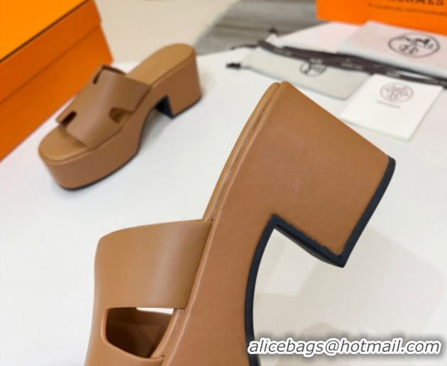 Best Price Hermes Calfskin Platform Slides Sandal 7.5cm Brown 2025 H082003 0820021