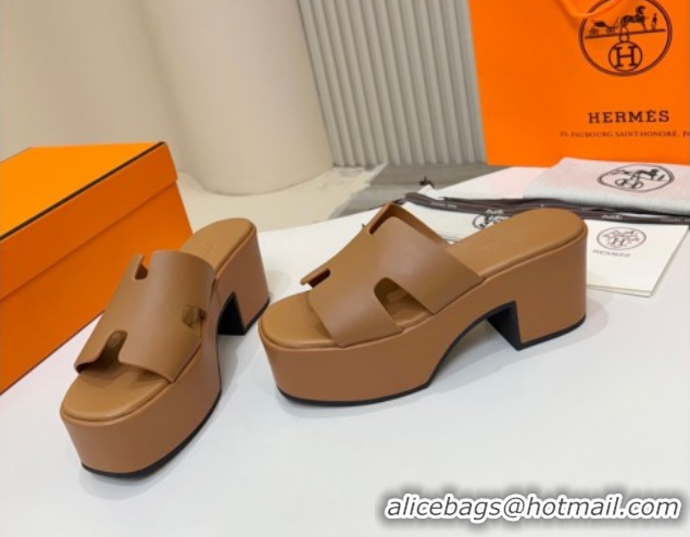Best Price Hermes Calfskin Platform Slides Sandal 7.5cm Brown 2025 H082003 0820021
