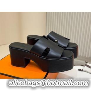 Trendy Design Hermes Calfskin Platform Slides Sandal 7.5cm Black 2025 H082003 0820022