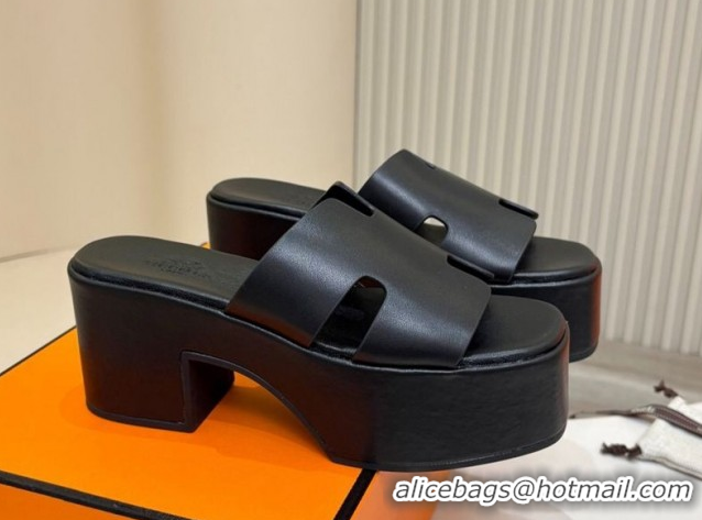 Trendy Design Hermes Calfskin Platform Slides Sandal 7.5cm Black 2025 H082003 0820022