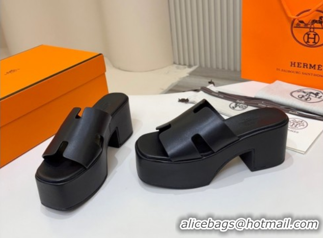 Trendy Design Hermes Calfskin Platform Slides Sandal 7.5cm Black 2025 H082003 0820022