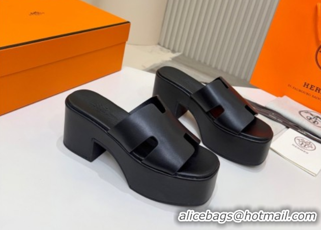 Trendy Design Hermes Calfskin Platform Slides Sandal 7.5cm Black 2025 H082003 0820022
