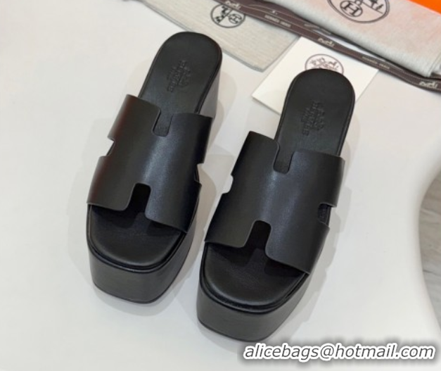 Trendy Design Hermes Calfskin Platform Slides Sandal 7.5cm Black 2025 H082003 0820022