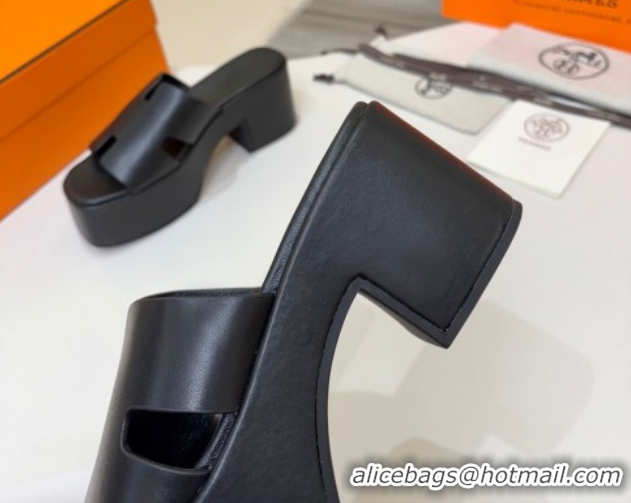 Trendy Design Hermes Calfskin Platform Slides Sandal 7.5cm Black 2025 H082003 0820022