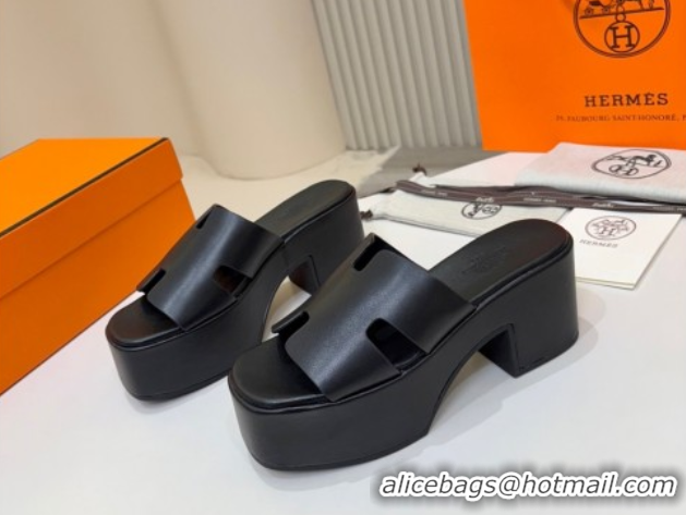 Trendy Design Hermes Calfskin Platform Slides Sandal 7.5cm Black 2025 H082003 0820022
