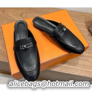 Best Quality Hermes Oz Flat Mules in Calfskin Leather with Kelly Black 2025 H082004 0820024