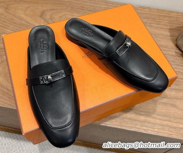 Best Quality Hermes Oz Flat Mules in Calfskin Leather with Kelly Black 2025 H082004 0820024
