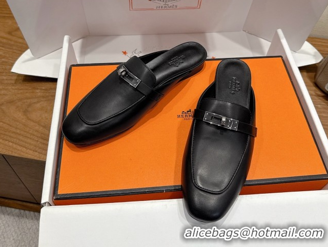 Best Quality Hermes Oz Flat Mules in Calfskin Leather with Kelly Black 2025 H082004 0820024