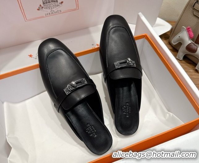 Best Quality Hermes Oz Flat Mules in Calfskin Leather with Kelly Black 2025 H082004 0820024
