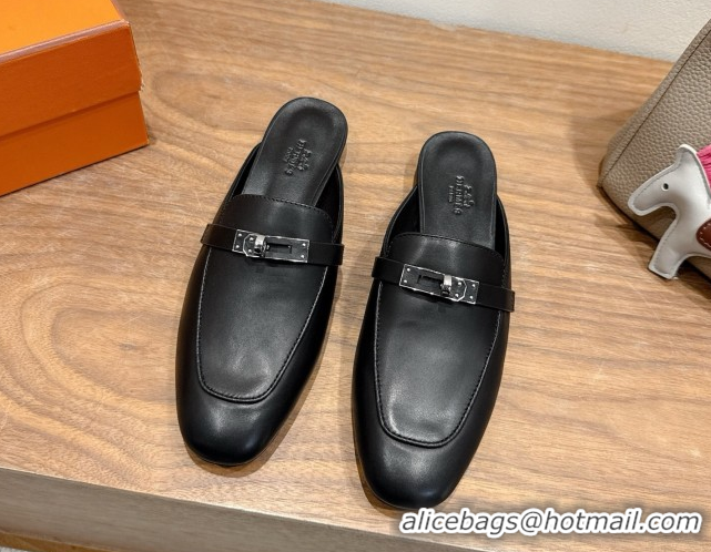 Best Quality Hermes Oz Flat Mules in Calfskin Leather with Kelly Black 2025 H082004 0820024