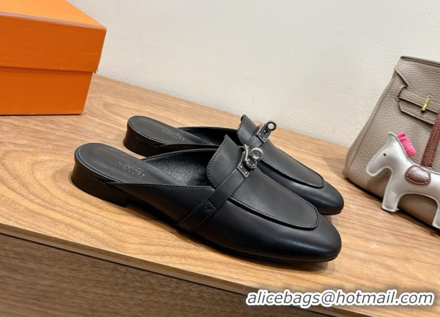 Best Quality Hermes Oz Flat Mules in Calfskin Leather with Kelly Black 2025 H082004 0820024
