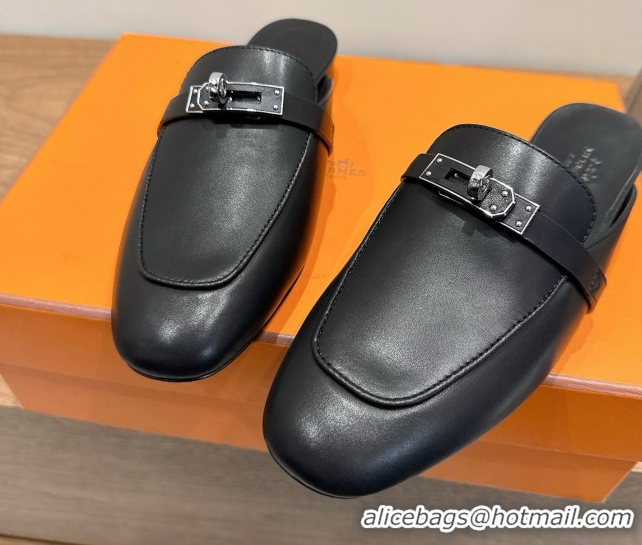Best Quality Hermes Oz Flat Mules in Calfskin Leather with Kelly Black 2025 H082004 0820024