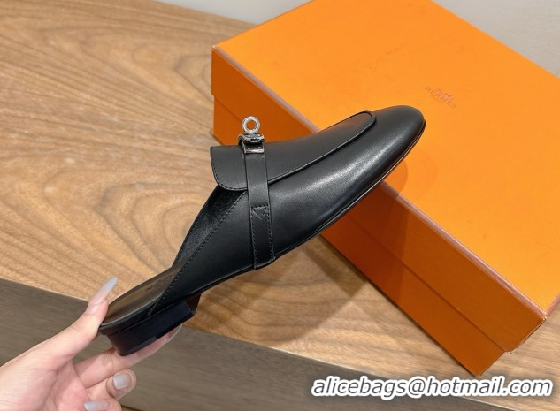 Best Quality Hermes Oz Flat Mules in Calfskin Leather with Kelly Black 2025 H082004 0820024