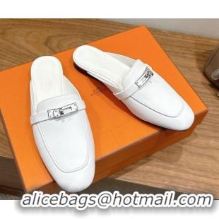 Big Discount Hermes Oz Flat Mules in Calfskin Leather with Kelly White 2025 H082004 0820025