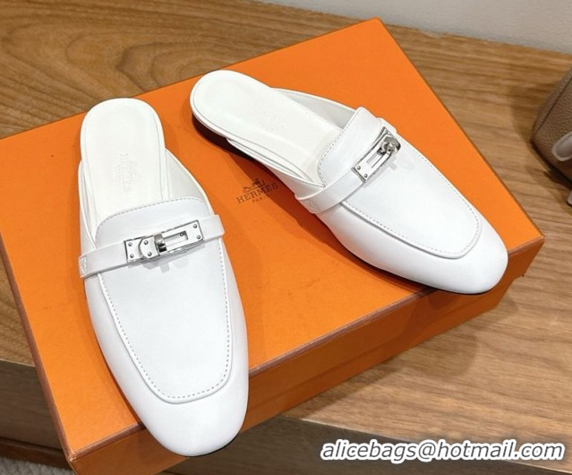 Big Discount Hermes Oz Flat Mules in Calfskin Leather with Kelly White 2025 H082004 0820025