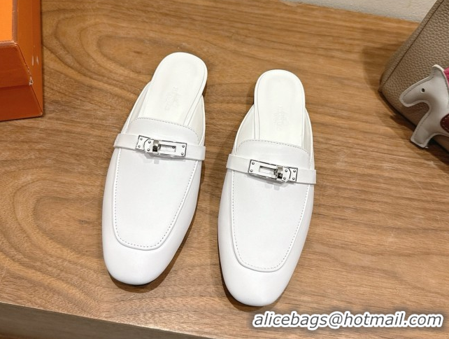 Big Discount Hermes Oz Flat Mules in Calfskin Leather with Kelly White 2025 H082004 0820025