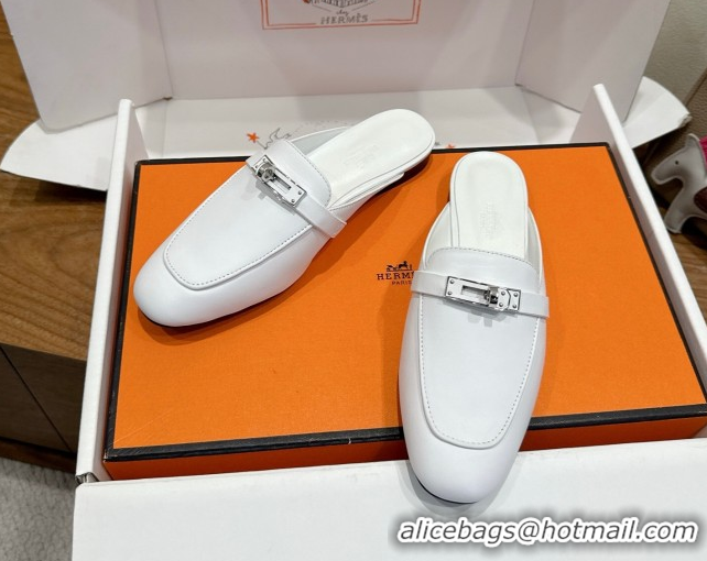 Big Discount Hermes Oz Flat Mules in Calfskin Leather with Kelly White 2025 H082004 0820025