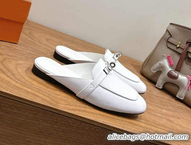 Big Discount Hermes Oz Flat Mules in Calfskin Leather with Kelly White 2025 H082004 0820025