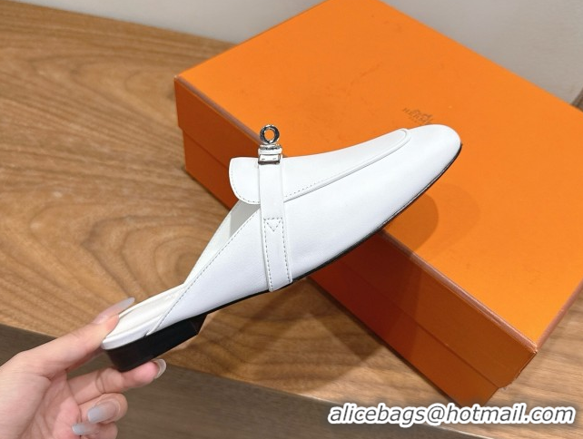 Big Discount Hermes Oz Flat Mules in Calfskin Leather with Kelly White 2025 H082004 0820025