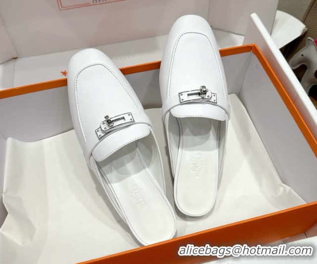 Big Discount Hermes Oz Flat Mules in Calfskin Leather with Kelly White 2025 H082004 0820025