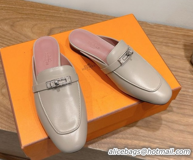 Purchase Hermes Oz Flat Mules in Calfskin Leather with Kelly Grey 2025 H082004 50820026