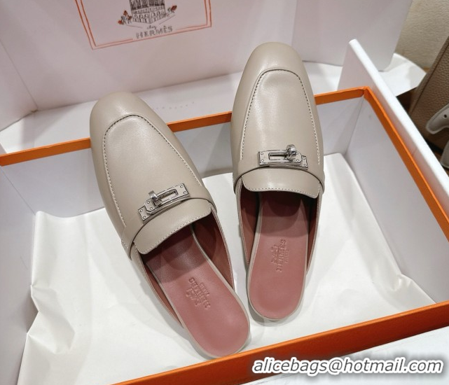 Purchase Hermes Oz Flat Mules in Calfskin Leather with Kelly Grey 2025 H082004 50820026