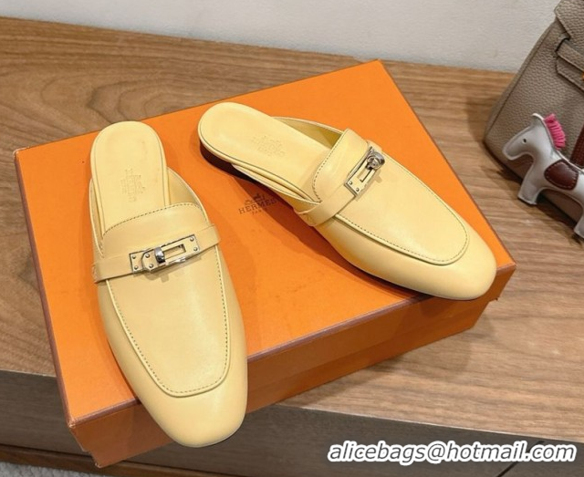Most Popular Hermes Oz Flat Mules in Calfskin Leather with Kelly Yellow 2025 H082004 0820027