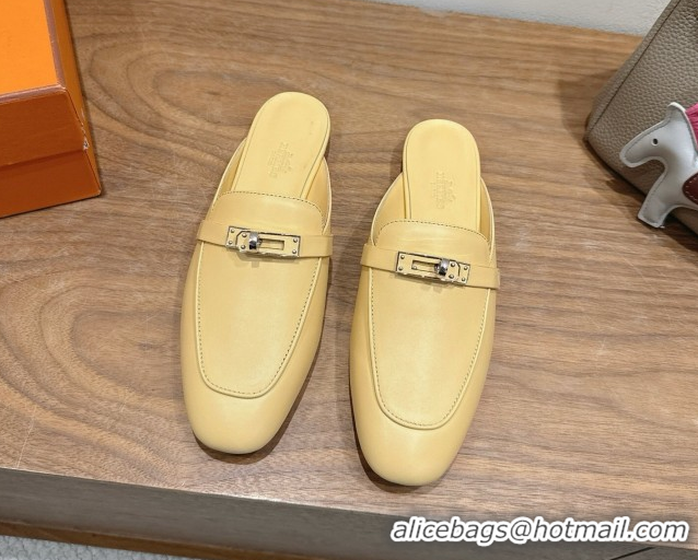 Most Popular Hermes Oz Flat Mules in Calfskin Leather with Kelly Yellow 2025 H082004 0820027