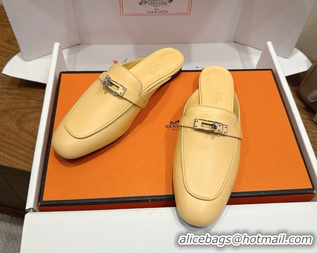 Most Popular Hermes Oz Flat Mules in Calfskin Leather with Kelly Yellow 2025 H082004 0820027