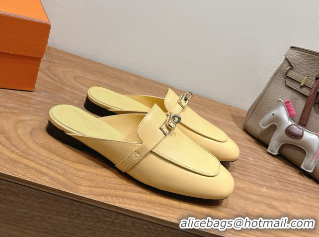 Most Popular Hermes Oz Flat Mules in Calfskin Leather with Kelly Yellow 2025 H082004 0820027