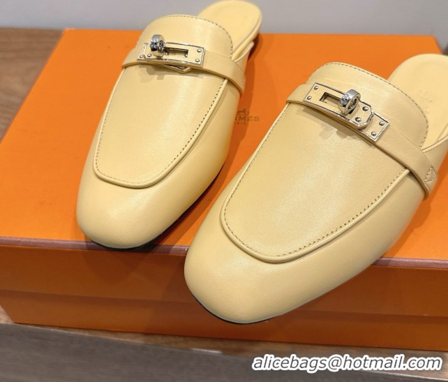 Most Popular Hermes Oz Flat Mules in Calfskin Leather with Kelly Yellow 2025 H082004 0820027