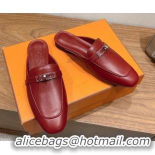 Good Quality Hermes Oz Flat Mules in Calfskin Leather with Kelly Red 2025 H082004 0820028