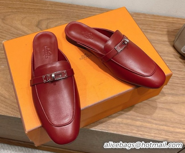 Good Quality Hermes Oz Flat Mules in Calfskin Leather with Kelly Red 2025 H082004 0820028