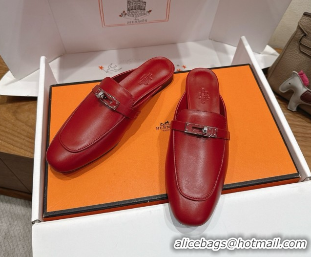 Good Quality Hermes Oz Flat Mules in Calfskin Leather with Kelly Red 2025 H082004 0820028