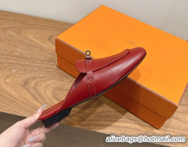 Good Quality Hermes Oz Flat Mules in Calfskin Leather with Kelly Red 2025 H082004 0820028