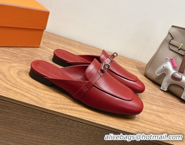 Good Quality Hermes Oz Flat Mules in Calfskin Leather with Kelly Red 2025 H082004 0820028