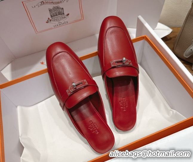 Good Quality Hermes Oz Flat Mules in Calfskin Leather with Kelly Red 2025 H082004 0820028