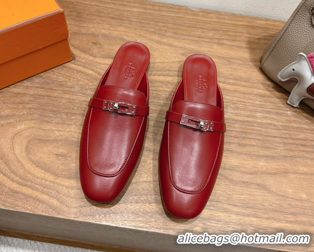 Good Quality Hermes Oz Flat Mules in Calfskin Leather with Kelly Red 2025 H082004 0820028