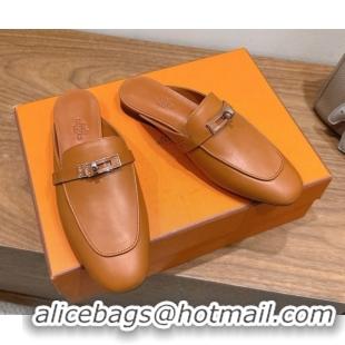 Discount Hermes Oz Flat Mules in Calfskin Leather with Kelly Brown 2025 H082004 0820029
