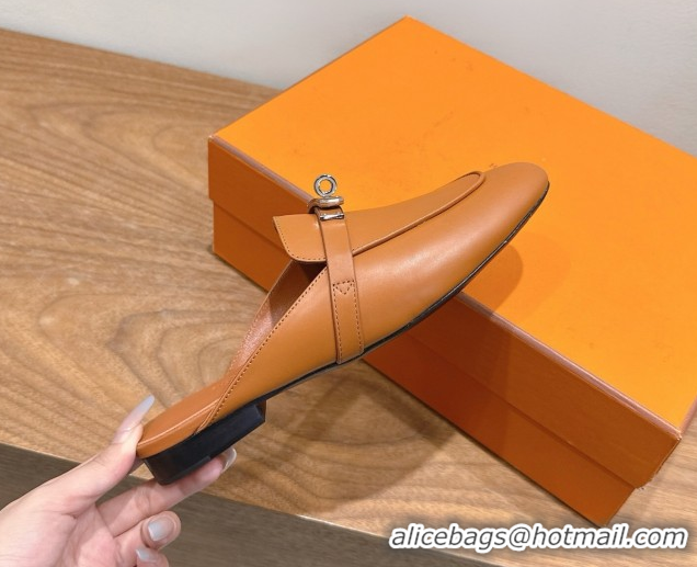 Discount Hermes Oz Flat Mules in Calfskin Leather with Kelly Brown 2025 H082004 0820029