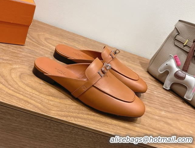 Discount Hermes Oz Flat Mules in Calfskin Leather with Kelly Brown 2025 H082004 0820029