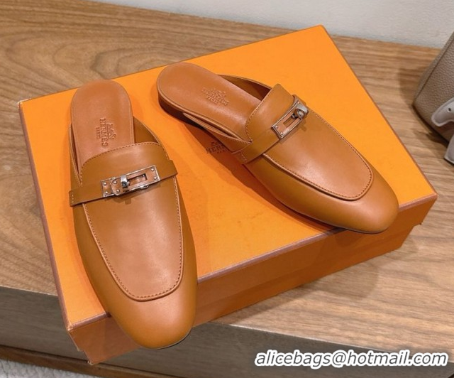 Discount Hermes Oz Flat Mules in Calfskin Leather with Kelly Brown 2025 H082004 0820029