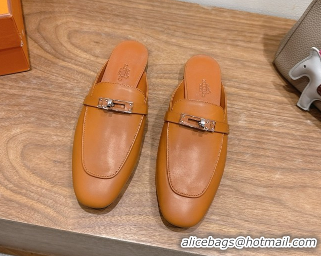 Discount Hermes Oz Flat Mules in Calfskin Leather with Kelly Brown 2025 H082004 0820029