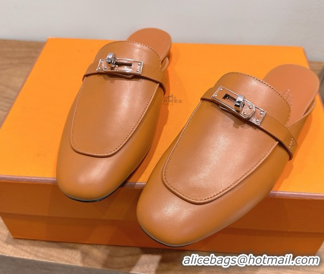 Discount Hermes Oz Flat Mules in Calfskin Leather with Kelly Brown 2025 H082004 0820029