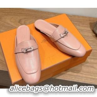 Pretty Style Hermes Oz Flat Mules in Calfskin Leather with Kelly Light Pink 2025 H082004 0820030