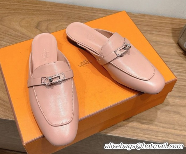 Pretty Style Hermes Oz Flat Mules in Calfskin Leather with Kelly Light Pink 2025 H082004 0820030