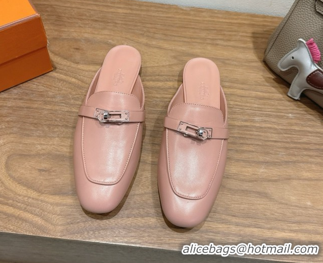 Pretty Style Hermes Oz Flat Mules in Calfskin Leather with Kelly Light Pink 2025 H082004 0820030