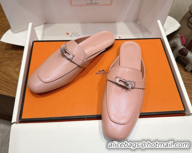 Pretty Style Hermes Oz Flat Mules in Calfskin Leather with Kelly Light Pink 2025 H082004 0820030