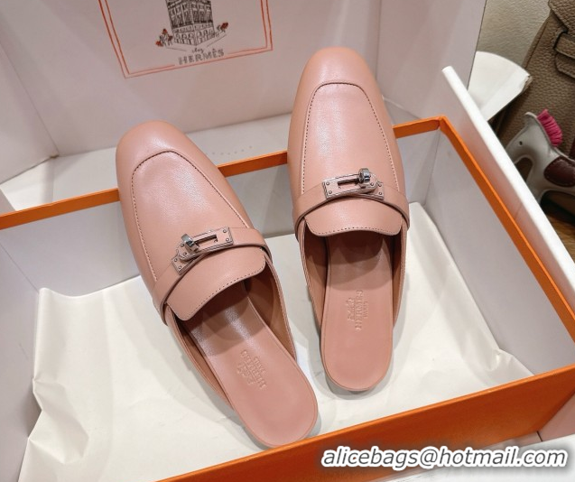 Pretty Style Hermes Oz Flat Mules in Calfskin Leather with Kelly Light Pink 2025 H082004 0820030