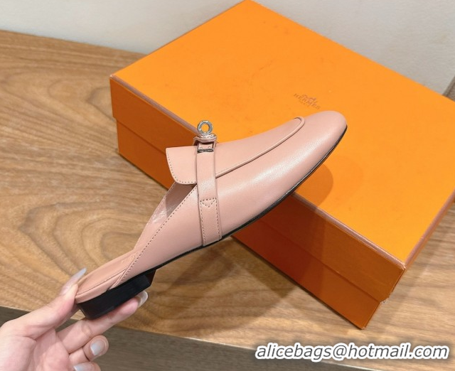 Pretty Style Hermes Oz Flat Mules in Calfskin Leather with Kelly Light Pink 2025 H082004 0820030